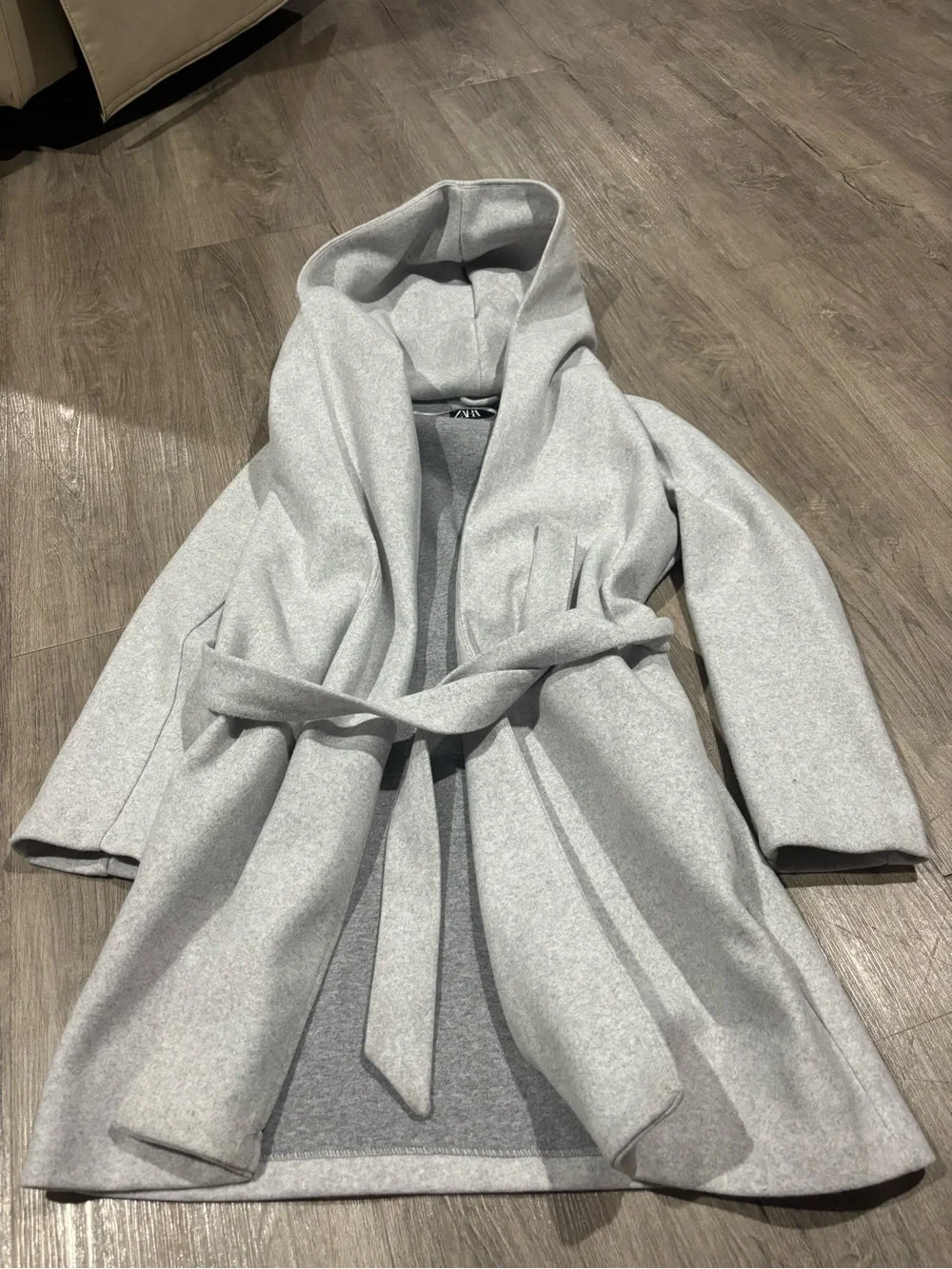 Zara Belted Soft Hoodie Coat Grey Size XS Hooded Long Coat - Picture 3 of 6